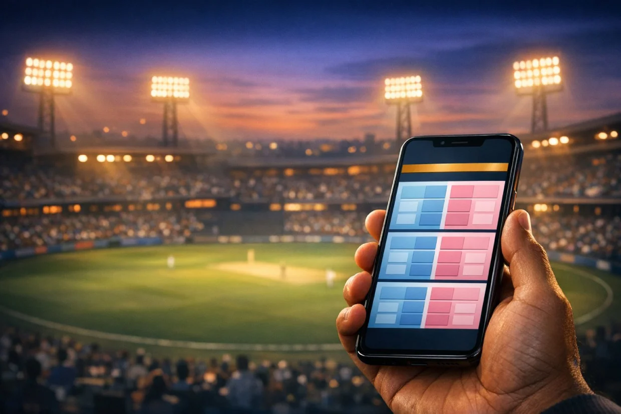Cricket betting exchange markets on a mobile phone with a stadium in the background